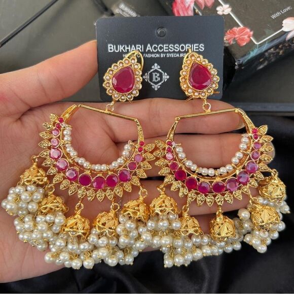 BUKHARI JEWELRY HEERAMANDI PAKISTANI BRIDAL JHUMKI LARGE EARRINGS - Picture 6 of 7